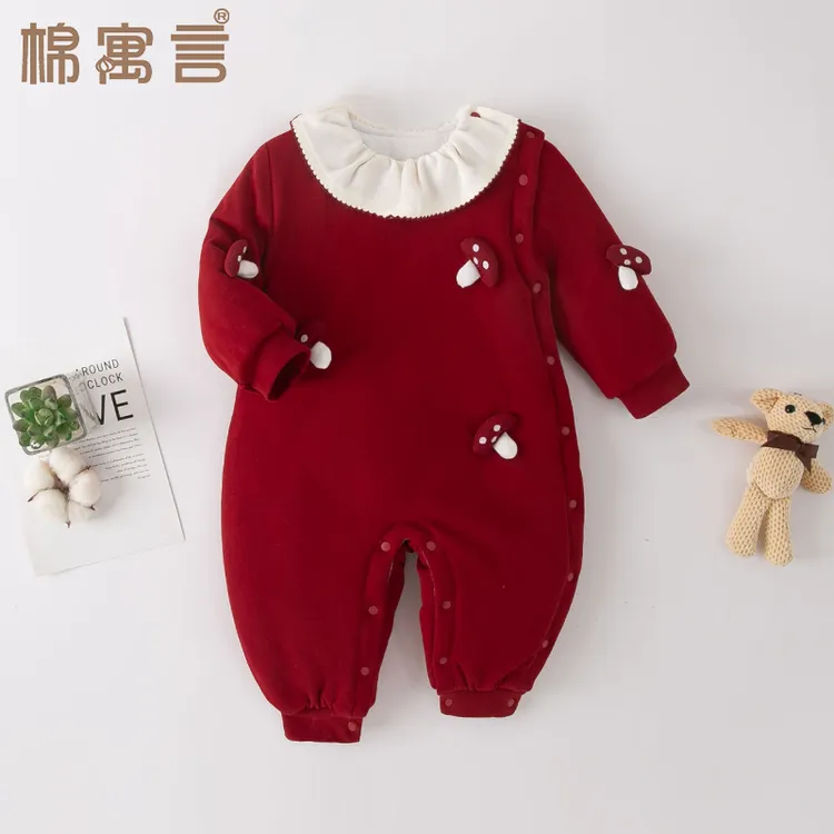婴儿哈衣冬季连体衣宝宝外出服夹棉周岁红色礼服爬爬服小公主棉衣