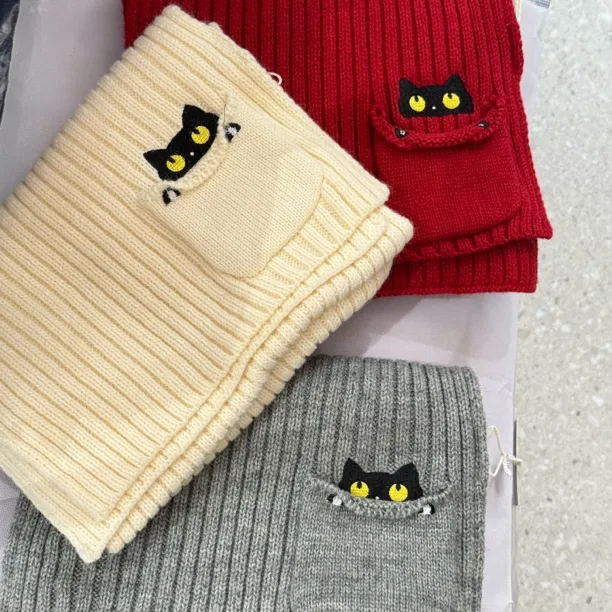小口袋发财猫围巾保暖简约猫原创设计卡通可爱风日韩可爱纯色针织