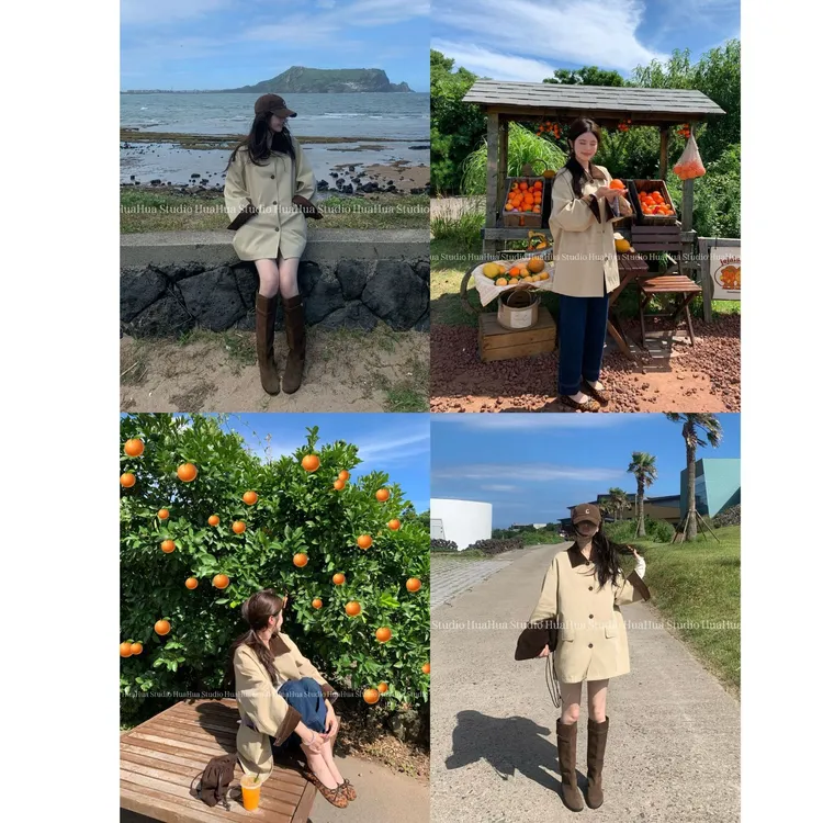 【花花】伯德小姐~复古灯芯绒撞色格子小翻领百搭 中长款风衣外套