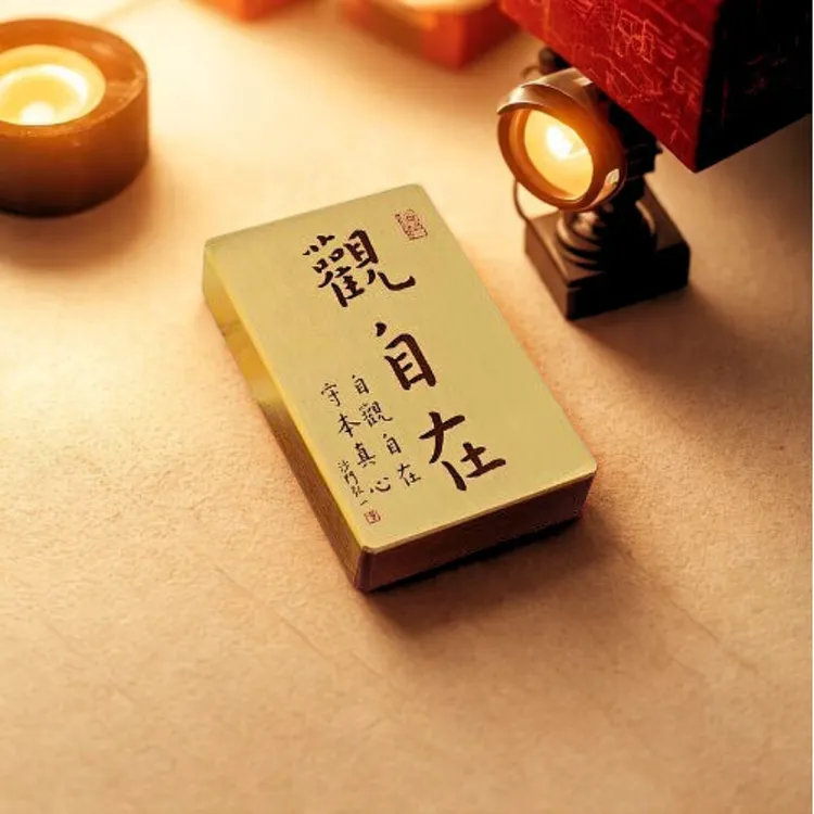 文房黄铜实心弘一法师手写观自在书法镇纸镇尺深雕刻字金属礼品