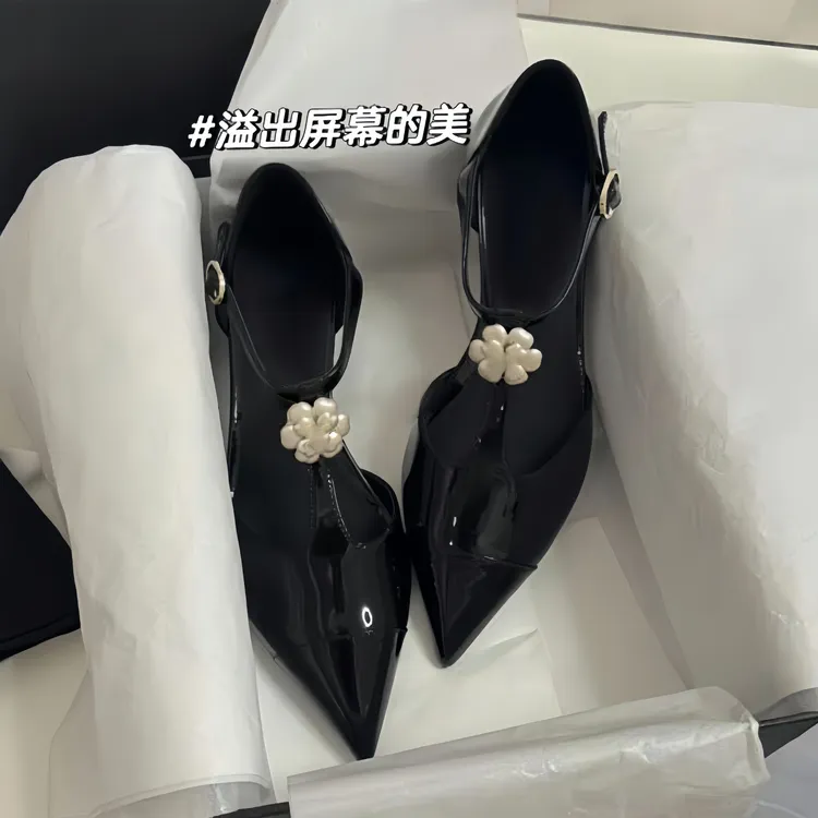 羊皮版~小香风山茶花真皮玛丽珍单鞋女高跟鞋坡跟尖头鞋高跟手链
