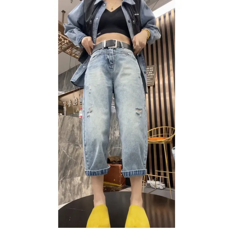 2025显瘦破洞牛仔裤春季新款胖mm大码小个子八分直筒阔腿裤