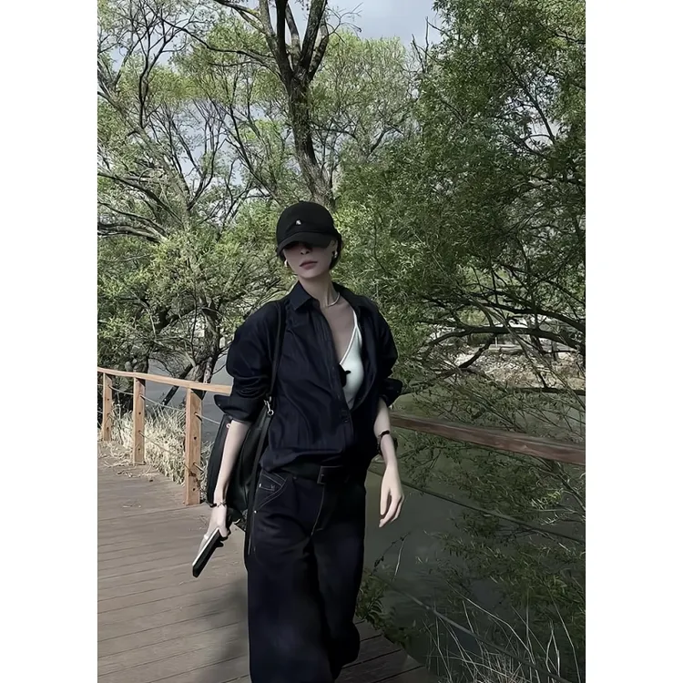 MARIE.COCO法式高级感气质薄款黑色衬衫搭配瘦阔腿拖地长裤套装