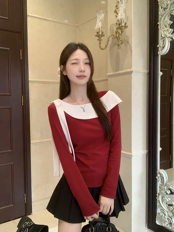 产后满月宴哺乳长袖2025秋装女设计感撞色蝴蝶结荷叶边哺乳上衣