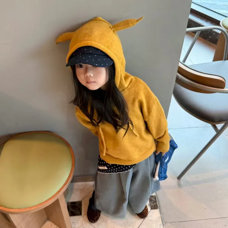 韩版女童套装2025秋季新款洋气时髦宽松可爱长耳朵针织连帽卫衣潮