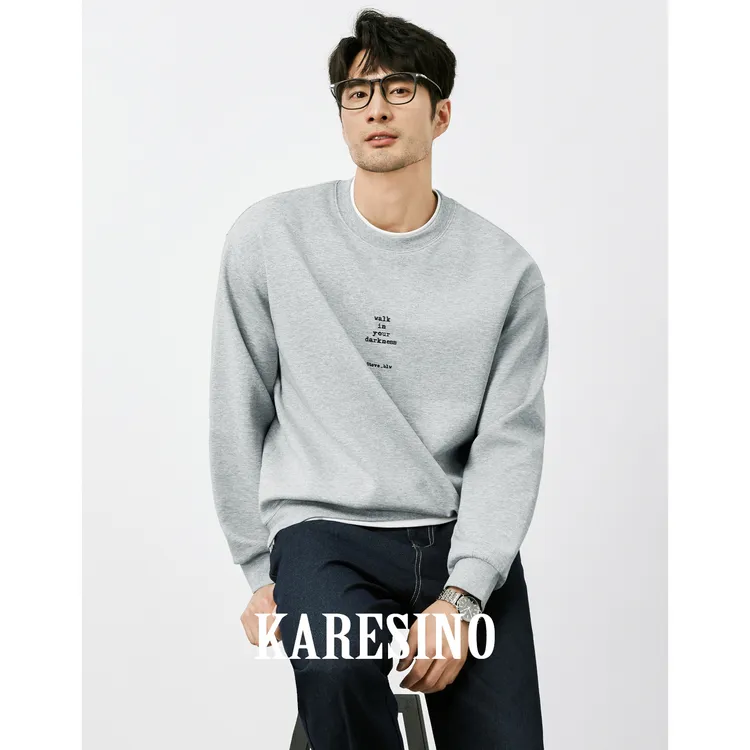 KARESINO重磅拼接假两件T恤男休闲印花秋冬男士黑色圆领卫衣长袖