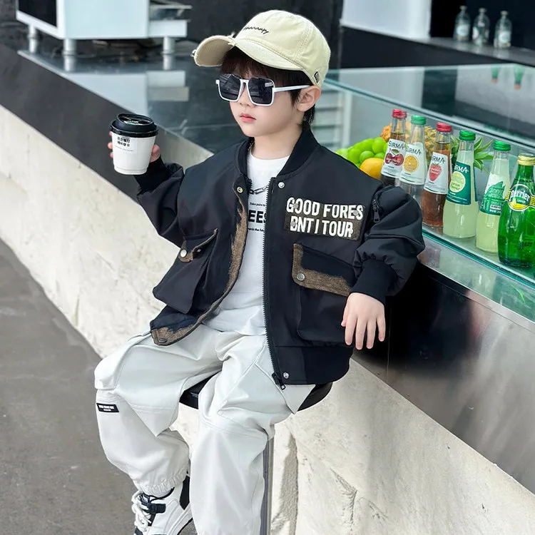 男童秋季外套新款儿童春装帅气时髦夹克上衣小男孩宽松痞帅棒球服