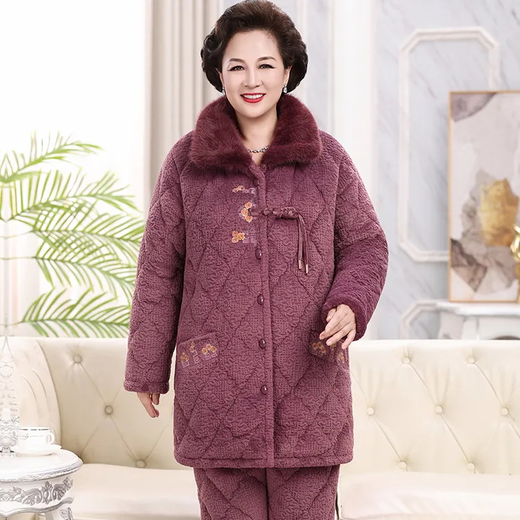 中老年睡衣女冬季三层夹棉加厚珊瑚绒棉袄妈妈保暖家居服大码套装