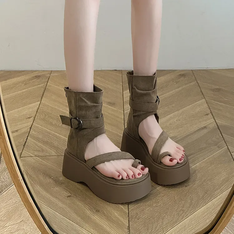 新款增高厚底罗马风凉靴女夏季时尚套趾高帮短靴耐磨耐脏PU材质