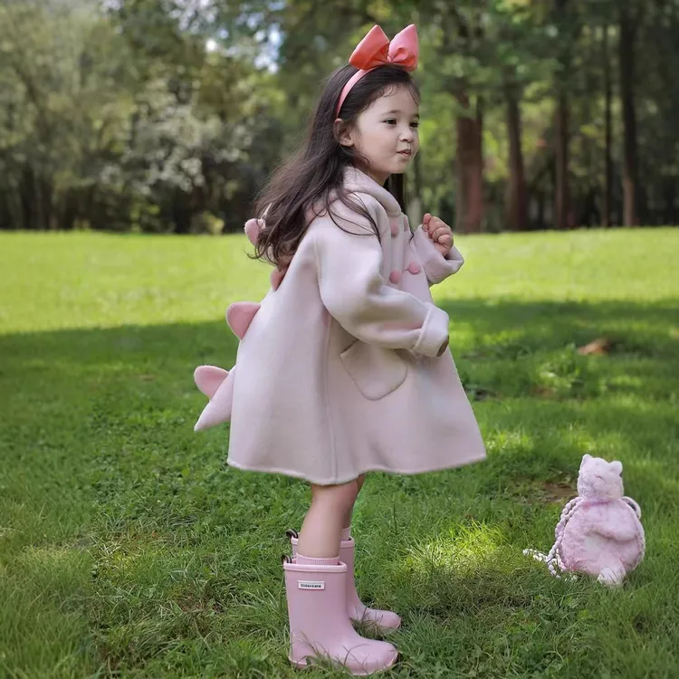 韩版女童2025秋冬新款粉色可爱小恐龙连帽呢大衣儿童卡通动物外套