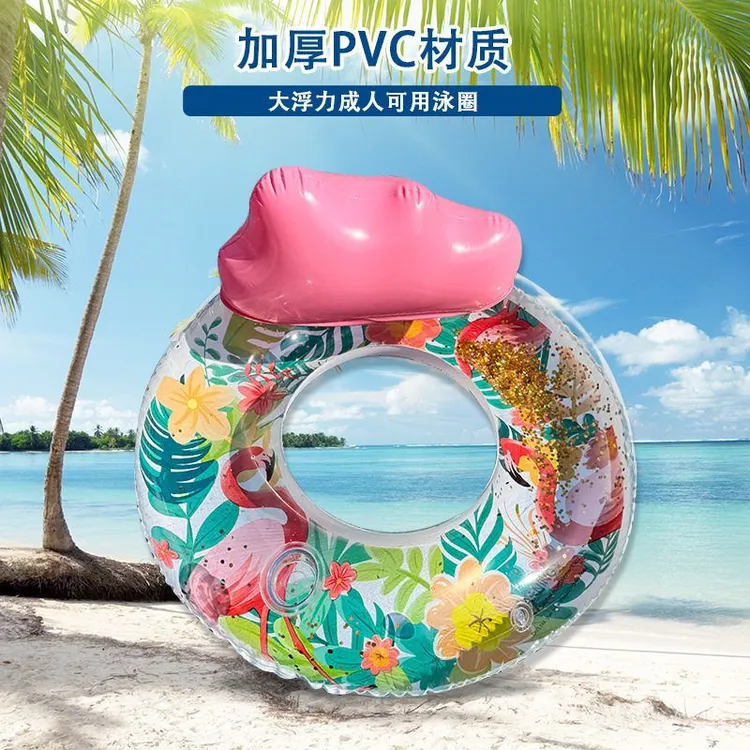 跨境环保PVC水上游乐泳池漂浮圈带杯托靠背亮片火烈鸟成人游泳圈