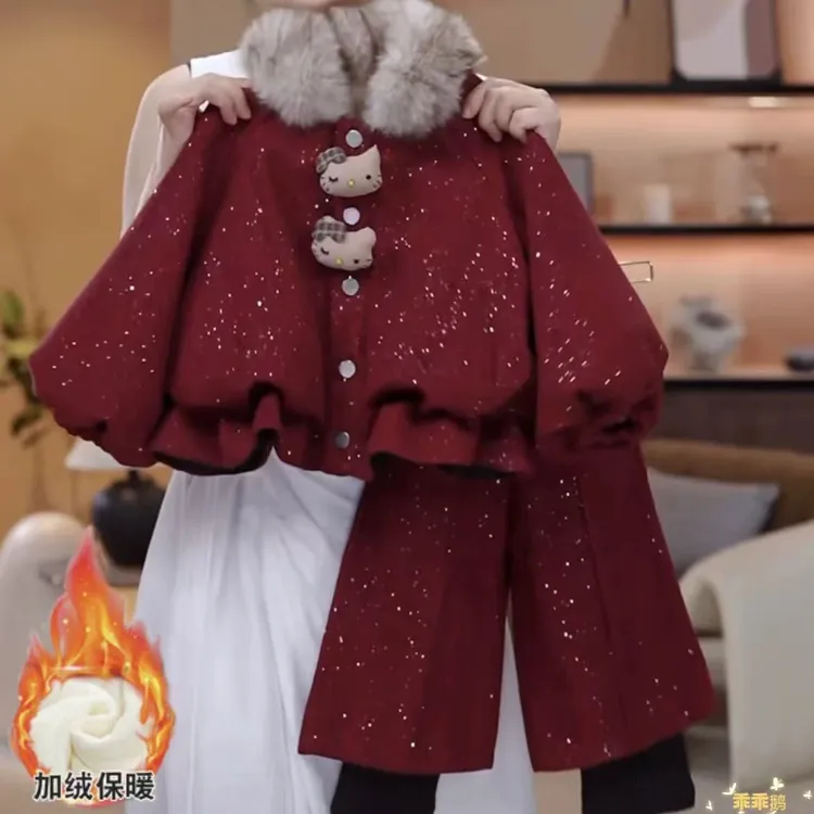 女童冬季加绒加厚套装2025新款女宝毛领冬款呢子外套长裤两件套潮