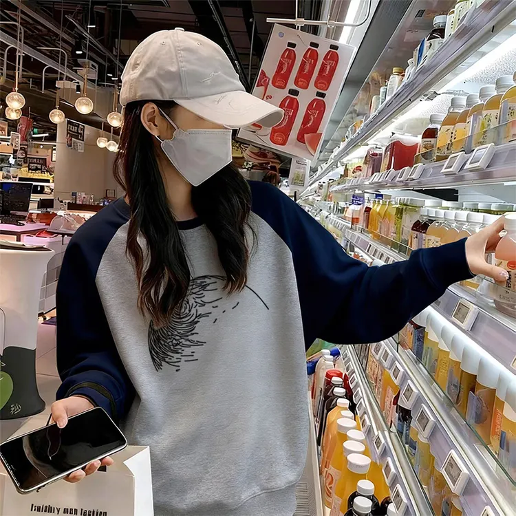 早秋chic加绒加厚宽松百搭插肩袖圆领卫衣女慵懒风长袖无帽上衣潮