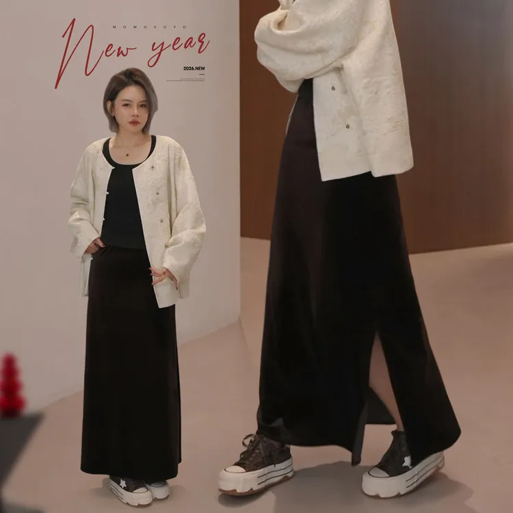 辰辰妈【绒影浮光】丝绒半身裙女下摆开叉显瘦气质中长款裙子9346DM