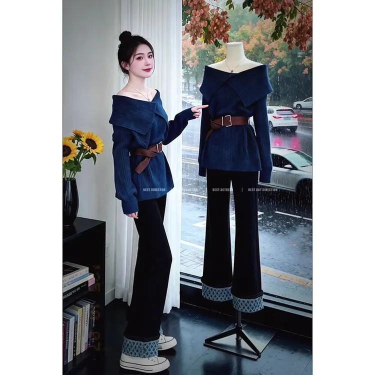 2025秋冬季温柔风一字肩翻领慵懒风毛衣中长款长袖毛衫上衣配腰带