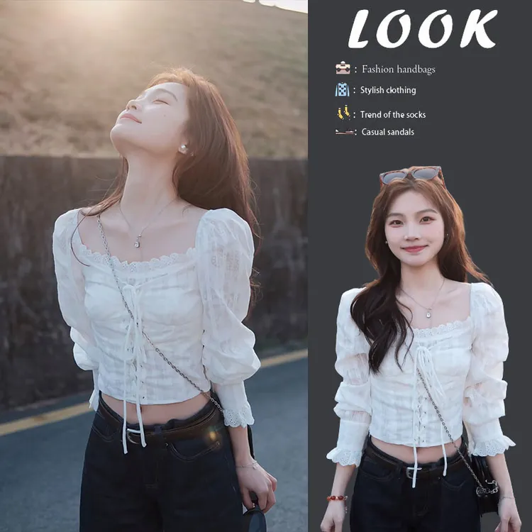 【现货】温柔系穿搭2025新款韩版时尚别致洋气设计感绑带长袖上衣女