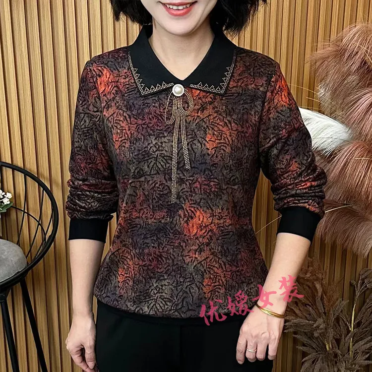 中老年女装秋季时尚翻领烫钻印花百搭宽松显瘦洋气妈妈装长袖上衣