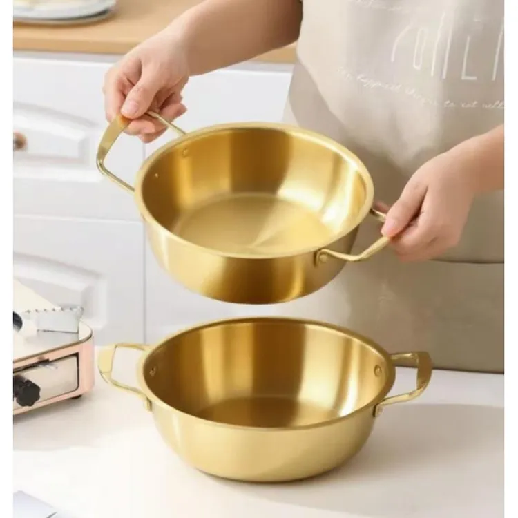 不锈钢韩式汤锅泡面单人小火锅双耳金色锅海鲜平底锅