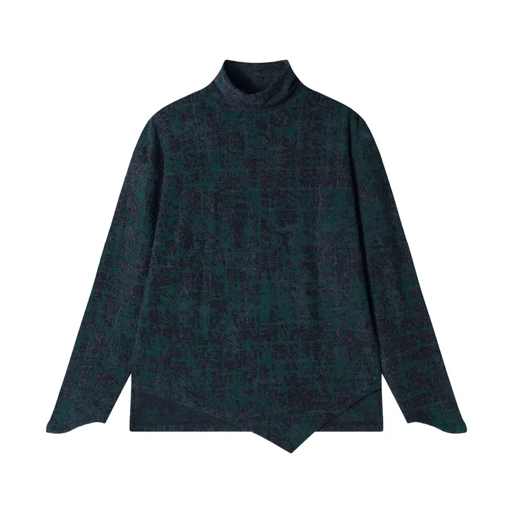 T1764新款时尚个性扎染下摆不规则半立领套头上衣舒适百搭长袖