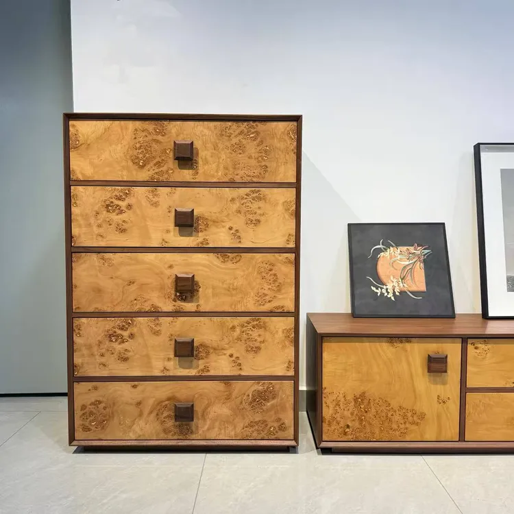 三记【繁花】中古风轻奢黑胡桃木柜子客厅落地五斗柜艺术树瘤纹