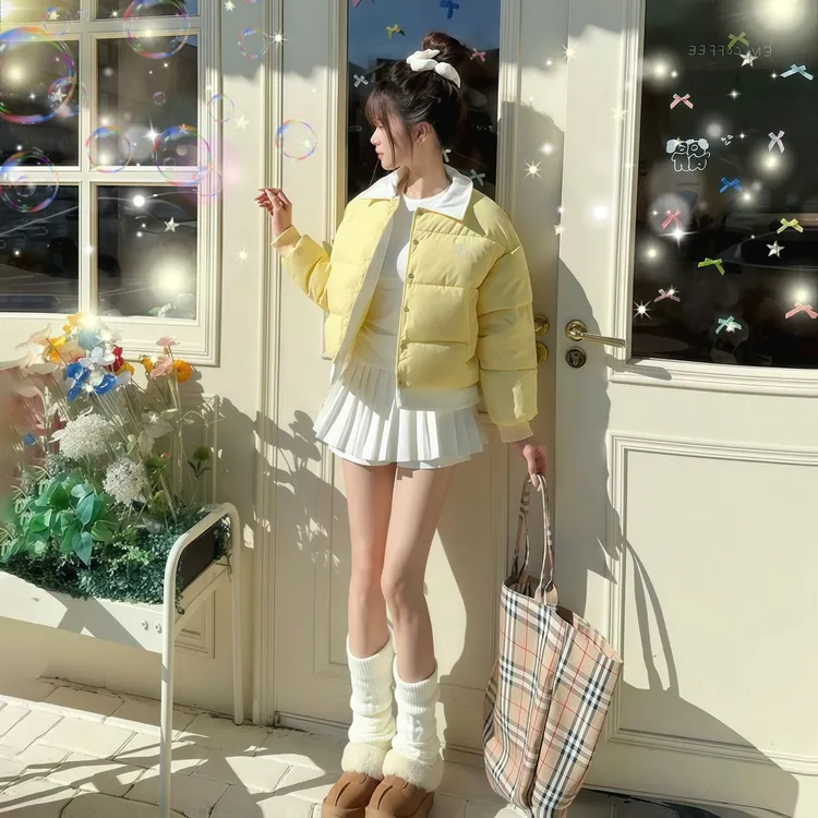 韩系学院风假两件服女秋冬季外套2025新款小个子短款棉衣袄
