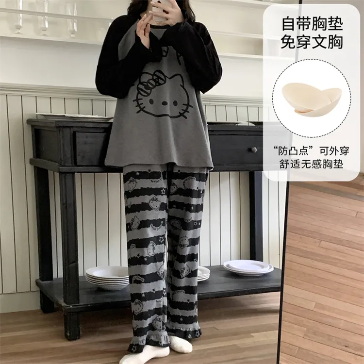 学生卡通睡衣秋款女2025新款爆款带胸垫长袖长裤套装高颜值家居服