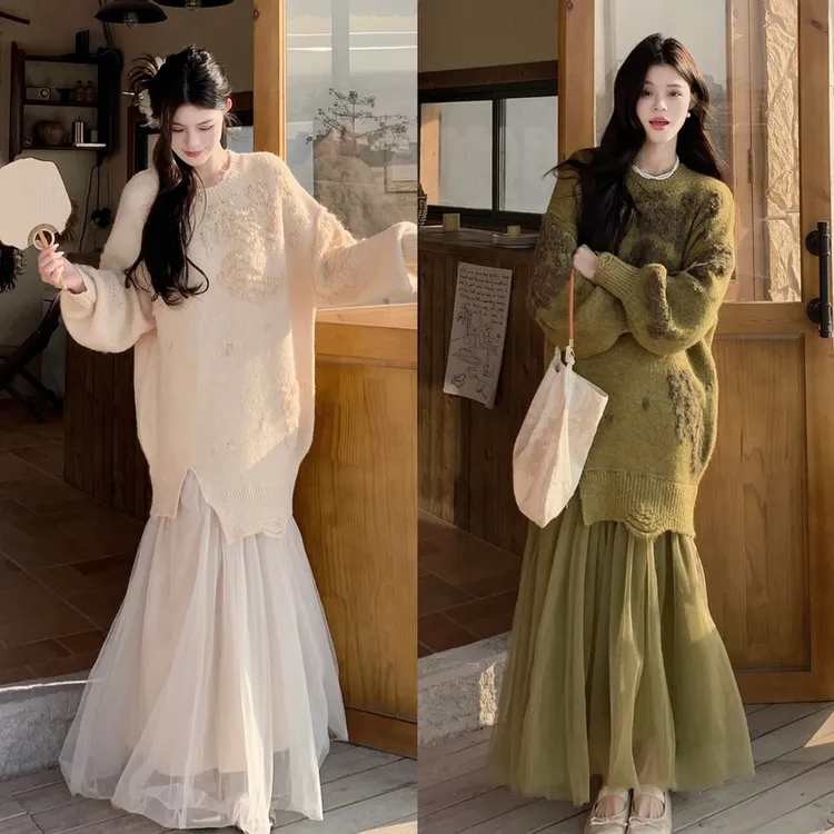 MO88ZSPF大码新中式国风连衣裙子女早春2025拼纱假两件针织长裙