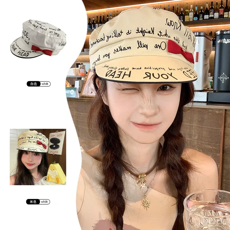 春秋季字母涂鸦平顶纯色印花结遮阳帽时尚女百搭休闲贝雷帽