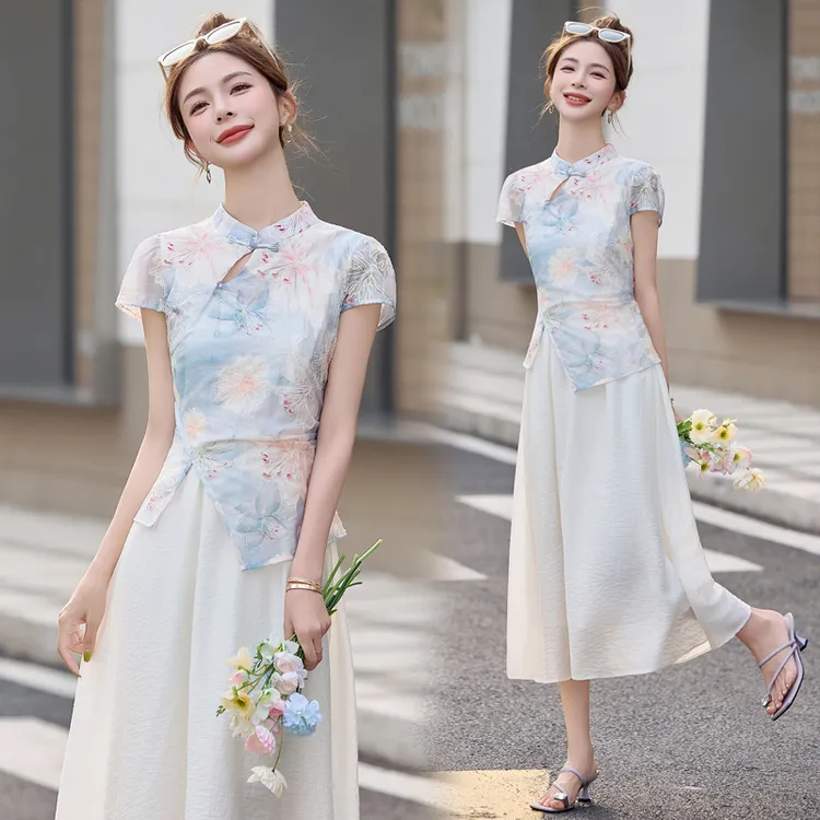 新中式国风假两件连衣裙女2025夏季新款气质名媛印花改良旗袍长裙