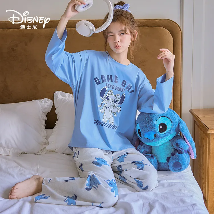 Disney/迪士尼秋冬耐磨长袖长裤带胸垫韩版简约舒适家居服0165