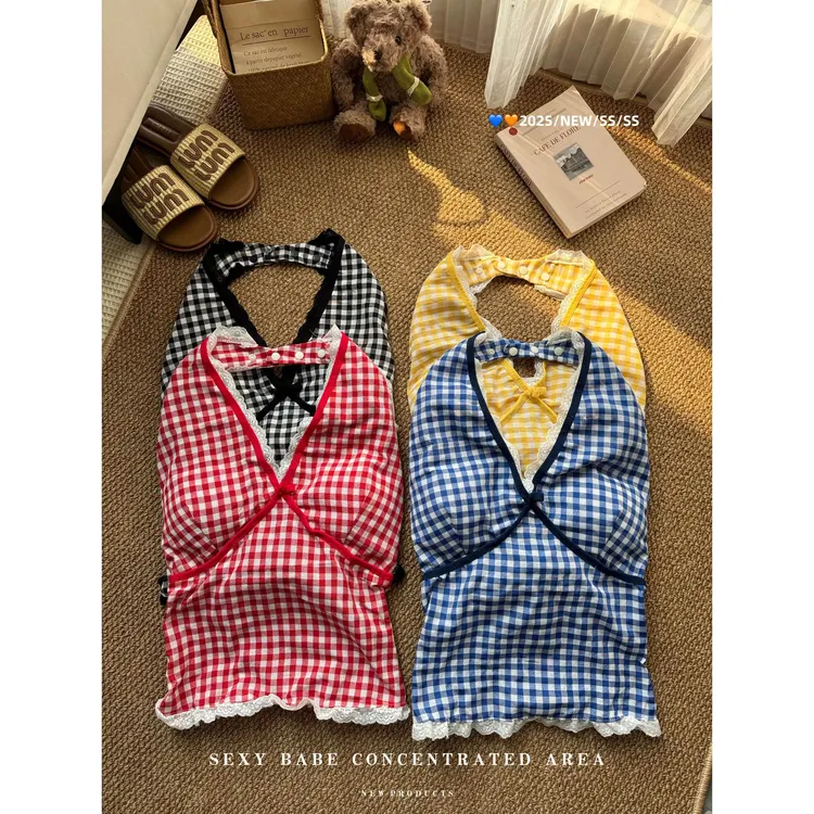 2025新款纯欲风蕾丝边挂脖背心女夏季性感V领蝴蝶结格子无袖上衣