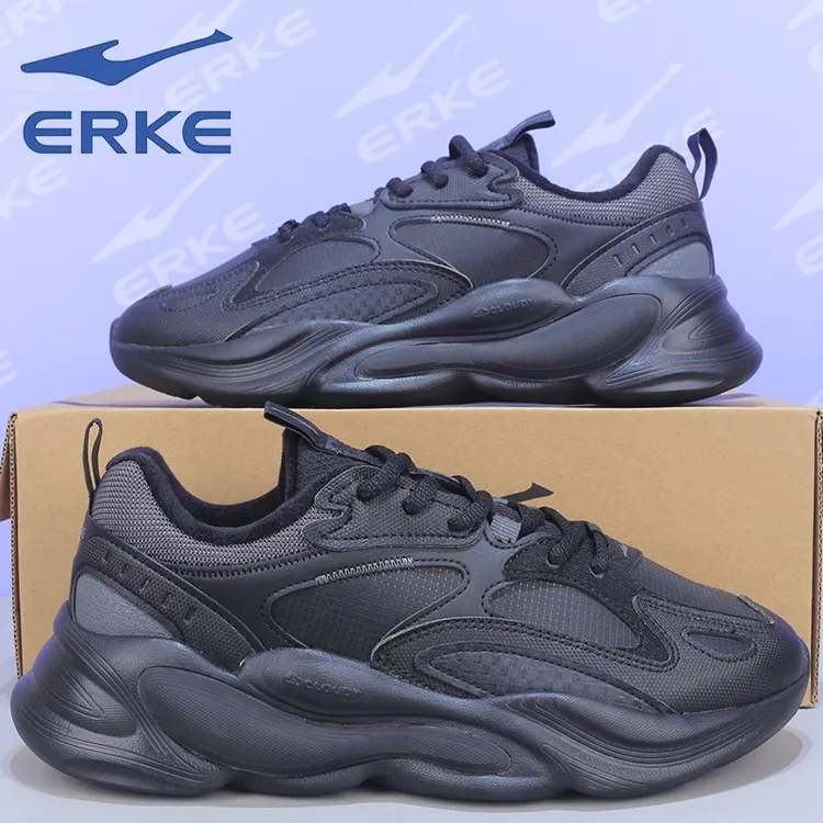 鸿星尔克加绒慢跑鞋男子秋冬新款轻便皮面保暖防水厚底黑色面包鞋