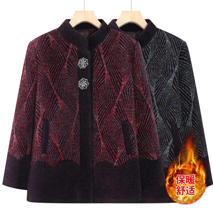 冬季奶奶装加绒加厚外套老年人中长款气质老人大码毛呢外套