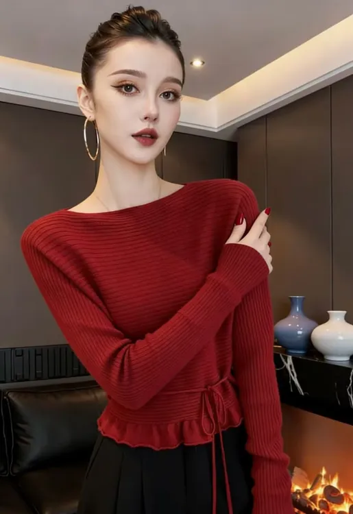 红色针织打底衫女冬季内搭大朗圣诞节毛衣2026本命年马年收腰上衣