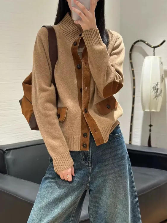 C,M-100%纯羊毛加厚韩范毛衣外套针织拼色开衫毛衣