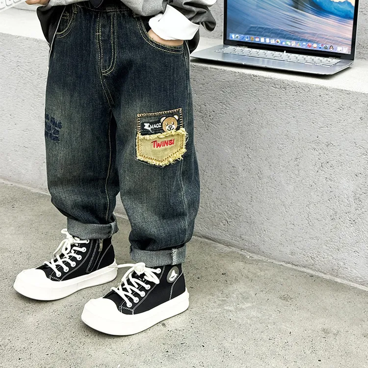 男童秋装裤子儿童宽松直筒牛仔裤2025洋气新款长裤宝宝春秋童装潮