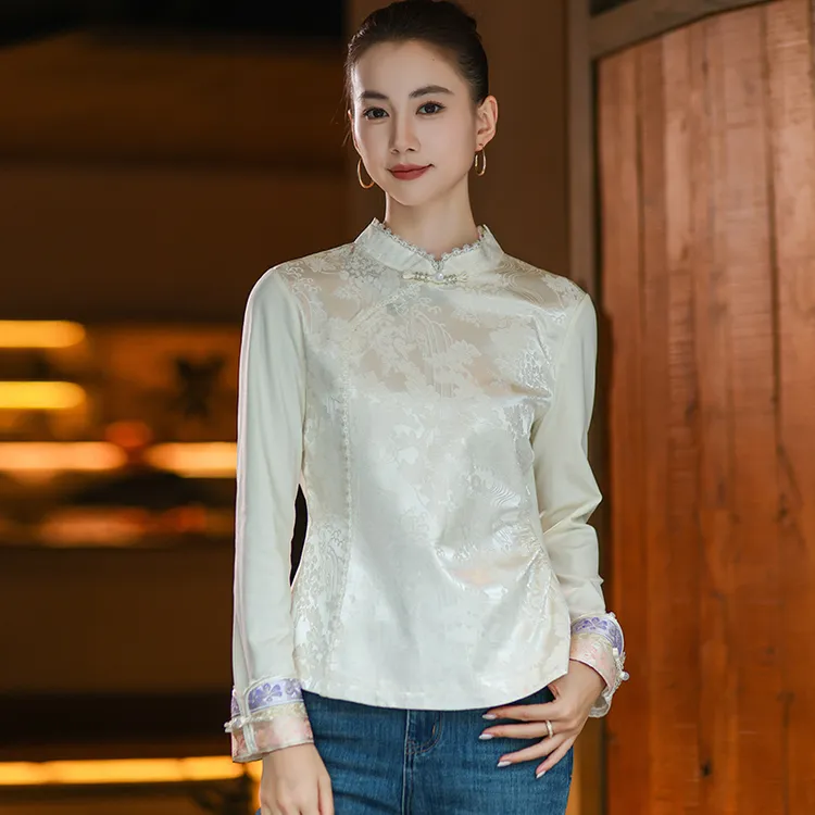 【长安公主】改良轻国风提花长袖打底上衣秋盘扣收腰显瘦新中式衬衫