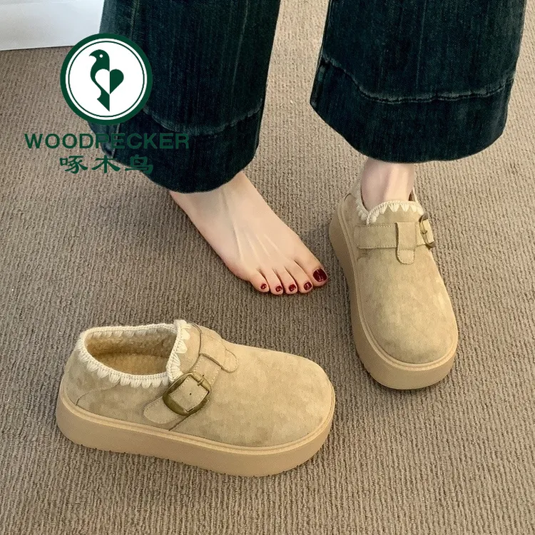啄木鸟厚底勃肯鞋女2025新款秋冬加绒保暖雪地靴一脚蹬懒人棉鞋子