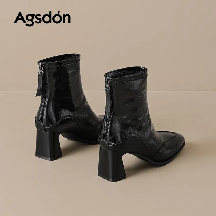 m奥古狮登黑色尖头方跟短靴女2025秋季新款复古显瘦后拉链单靴xx