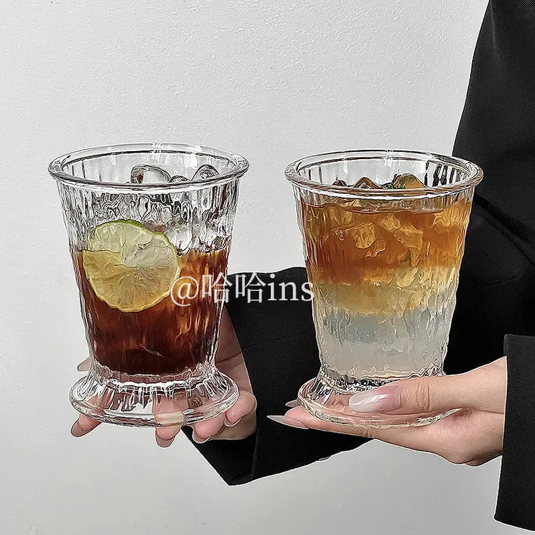 小众树纹厚底玻璃水杯冰美式咖啡杯新款水果茶杯夏季冷饮果汁杯子