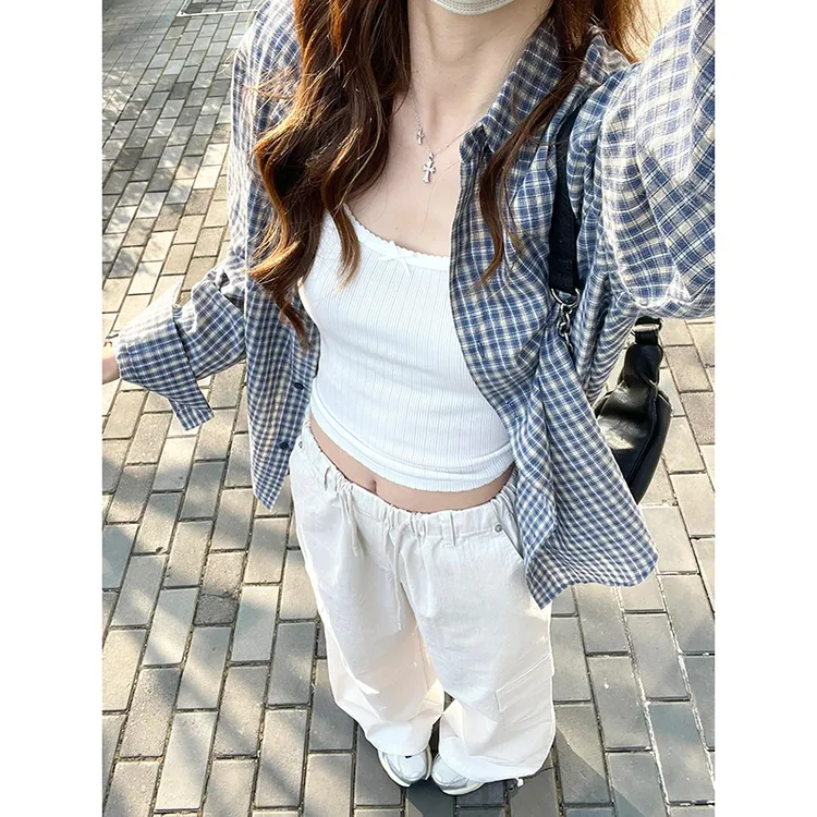 韩版复古慵懒风格子衬衫外套女春夏季设计感小众百搭长袖衬衣开衫