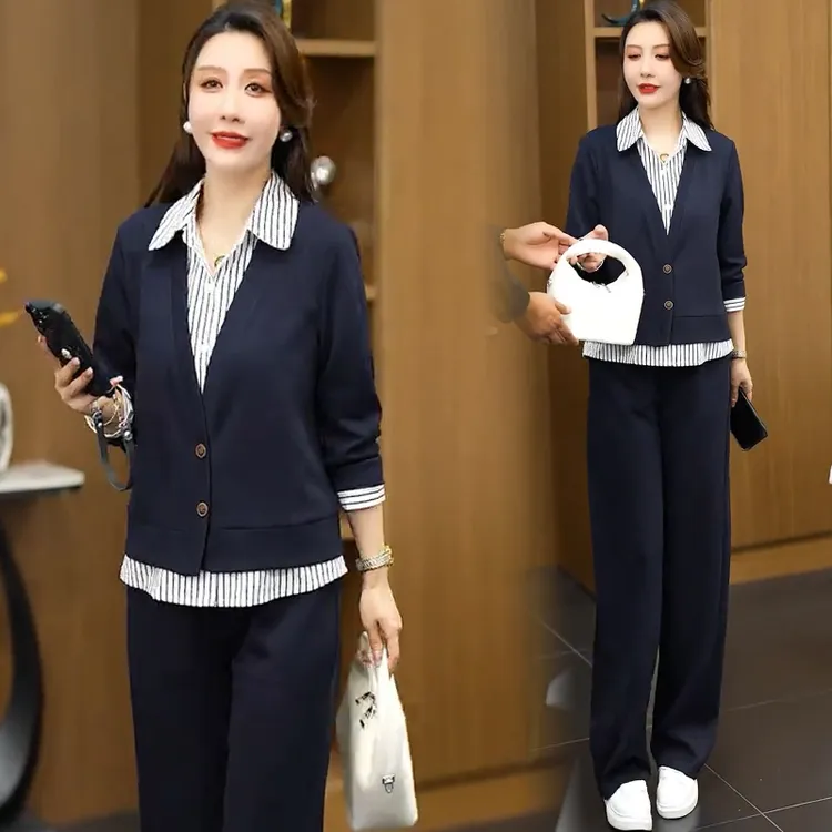 时尚休闲套装女2025秋季新款洋气显瘦假两件上衣阔腿裤气质两件套