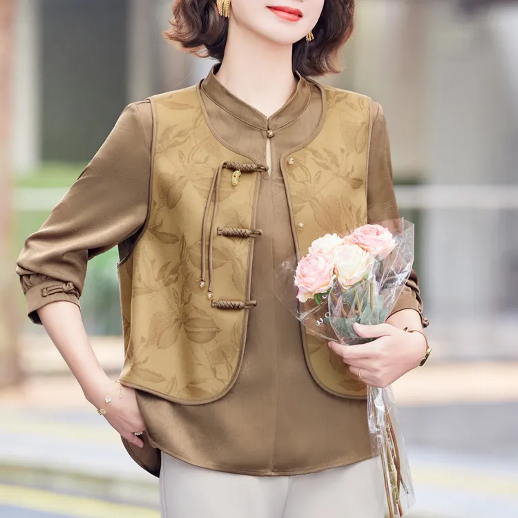 复古国风套装遮肉妈妈春装新款洋气长袖中老年气质两件套宽松马甲