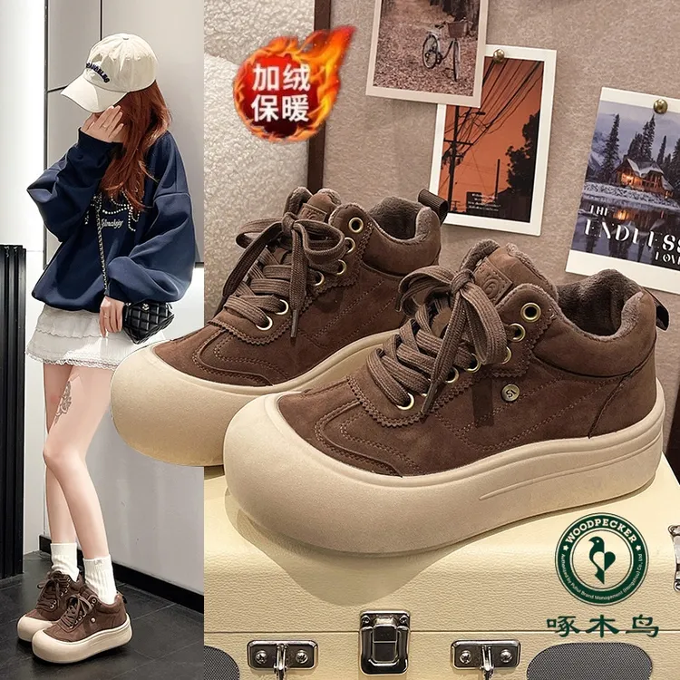 啄木鸟高帮鞋女2025冬季新款百搭厚底加绒加厚软底雪地靴休闲鞋女
