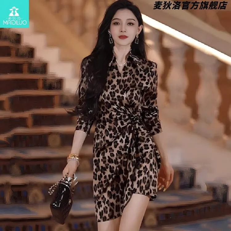 法式复古豹纹绑带长袖连衣裙女春夏2025新款气质御姐风显瘦短裙子