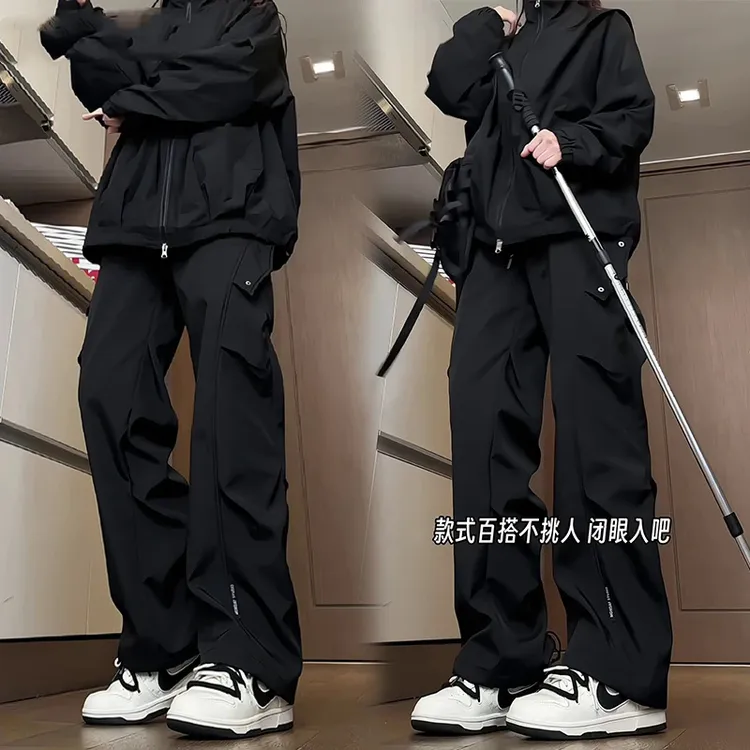 早秋冲锋裤男女同款直筒机能压褶工装裤子户外防风防水登山伞兵裤