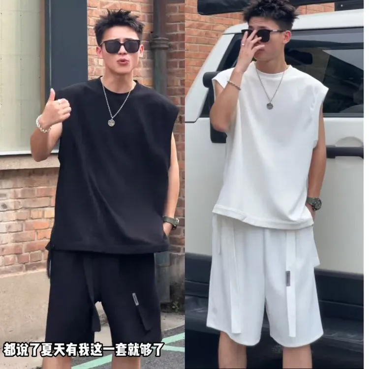 夏季新款纯色休闲运动套装潮流简约时尚百搭情侣款套装