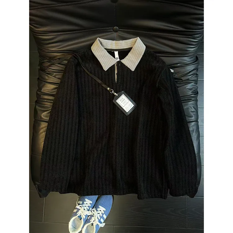 美式千鸟格鱼骨纹polo衫男款秋冬复古打底衫加绒加厚翻领长袖卫衣