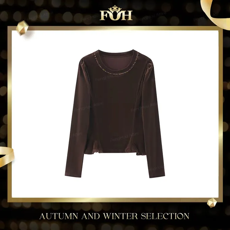 美人访【封后轻奢设计】秋季新款设计感圆领收腰显瘦丝绒上衣10001