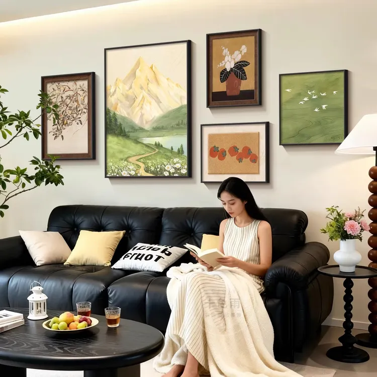 法式复古中古风日照金山客厅装饰画大气高级感沙发背景墙组合挂画